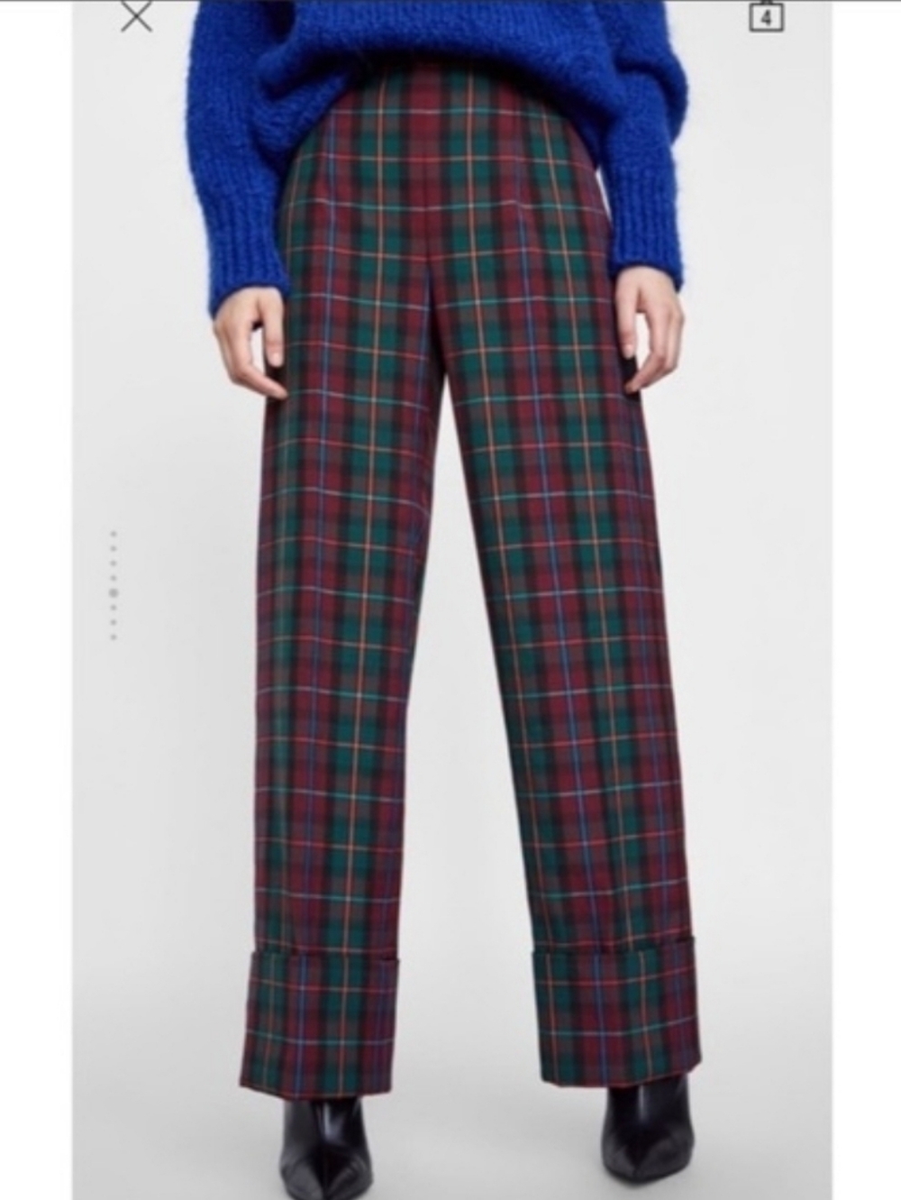 Zara Tartan Plaid Wide Leg Cuffed Trousers size XS New